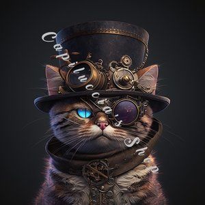Cat wearing steampunk goggles and a top hat poster